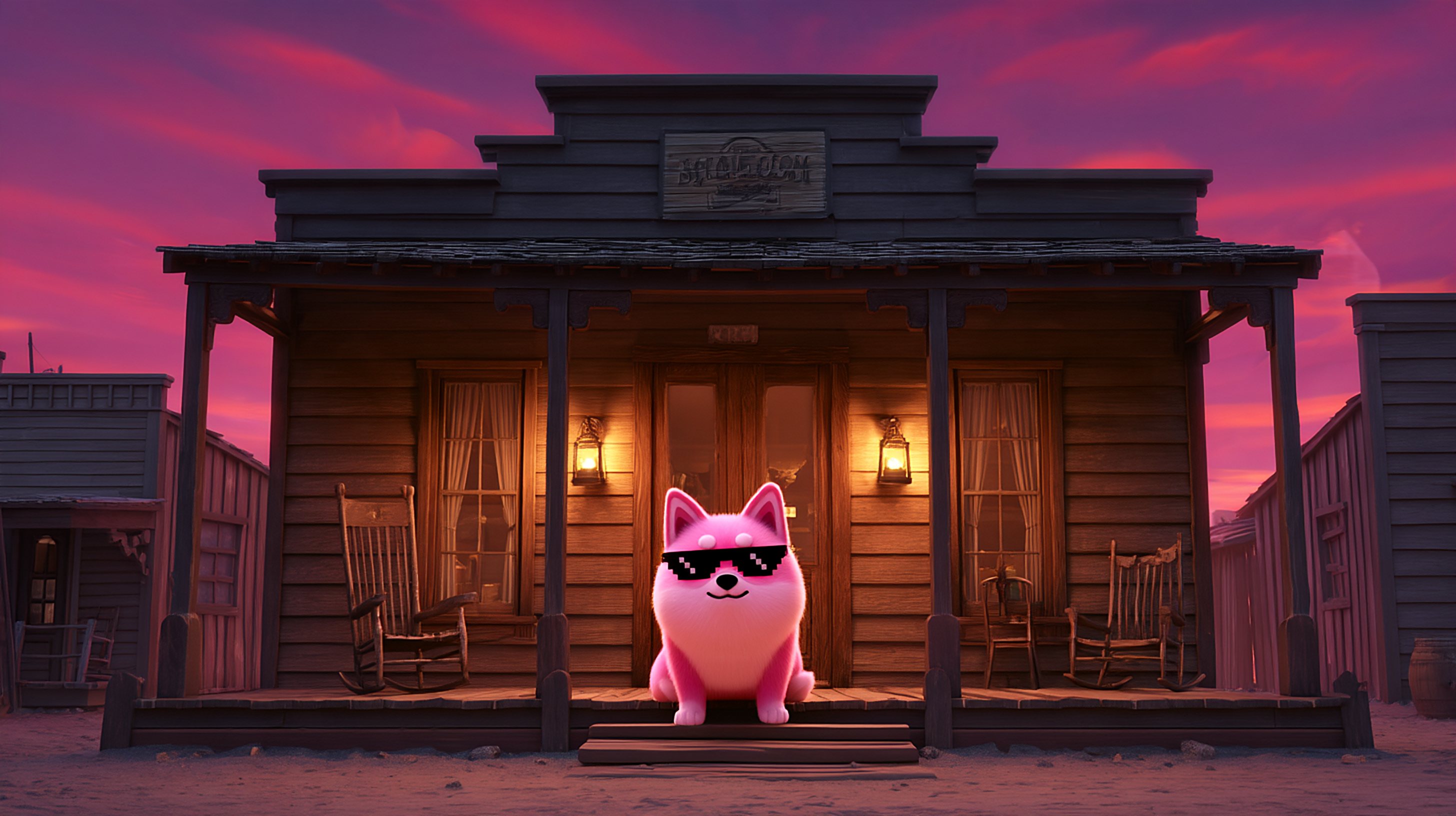 An old wooden saloon at dusk, a pink shiba in sunglasses sitting on the steps