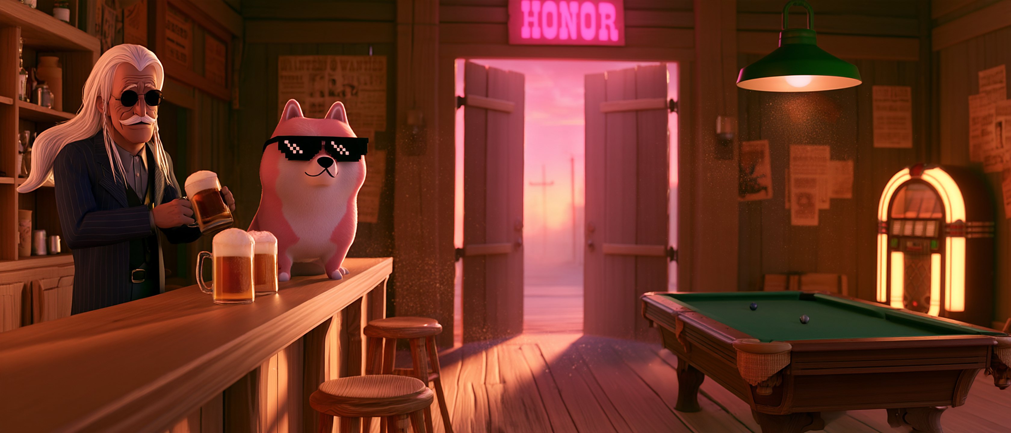 Inside the saloon: the Dev behind the bar, the pink shiba on the counter, a pool table, a jukebox and an HONOR neon sign